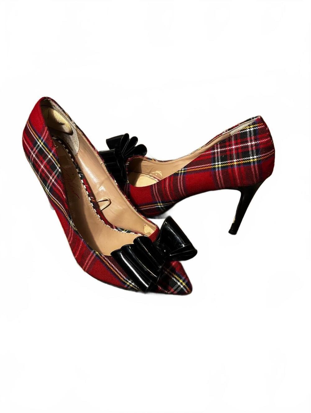Betsy Johnson Red Plaid Patterned Women's Pointed Toe Pumps w Black Bow Accent